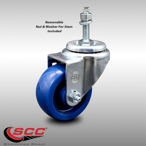 3 Inch SS Solid Polyurethane Wheel Swivel 3/8 Inch Threaded Stem Caster SCC